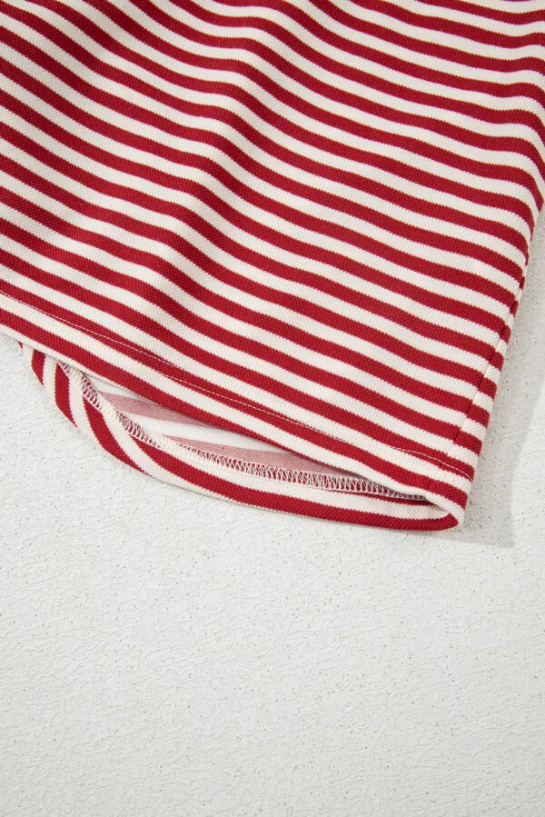 Red Stripe Bowknot Cutout Back Drop Shoulder Wide Bracelet Sleeve Loose Tee