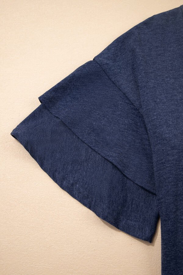 Sail Blue Solid Colour V-Neck Double Layer Sleeve Loose T-Shirt