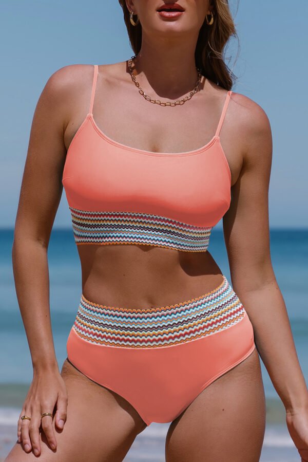 Peach Blossom Striped Patchwork Spaghetti Strap High Waist Bikini Swimsuit