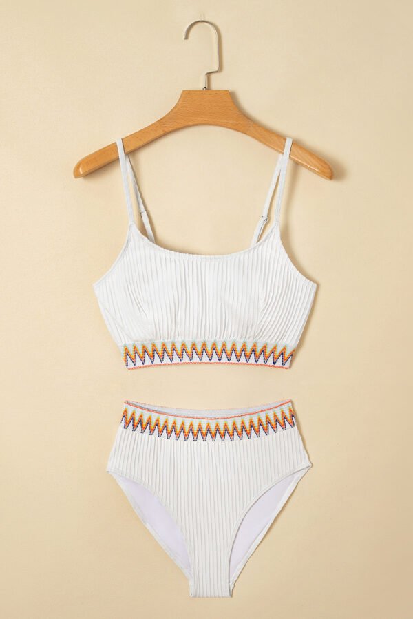 White Textured Contrast Banding Bikini High Waist 2pcs Swimsuit
