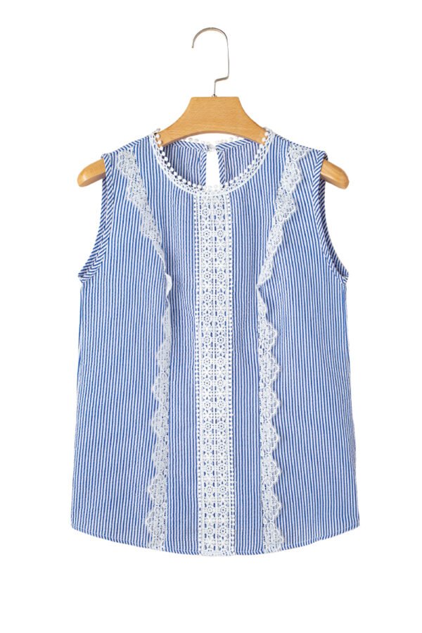 Sky Blue Stripe Lace Patchwork Crew Neck Tank Top