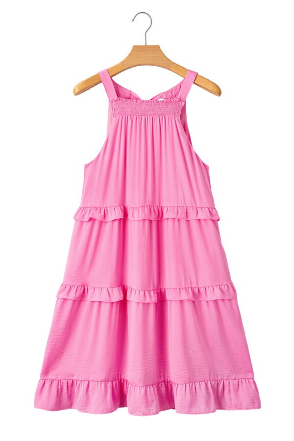 Pink Smocked Neck Knot Back Frilly Tiered Sleeveless Mini Dress
