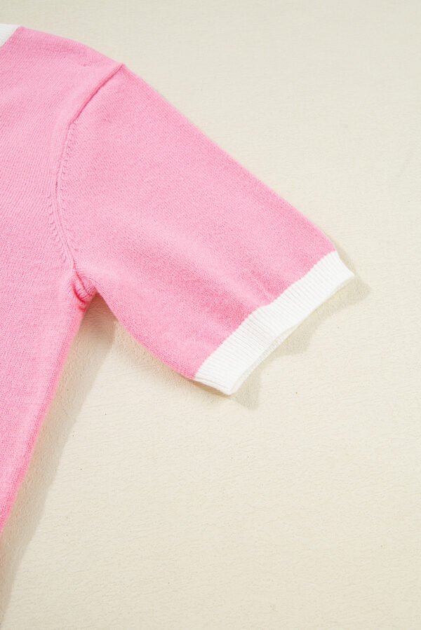 Bonbon Colorblock Bow V-Shape Cut Back Short Sleeve Sweater