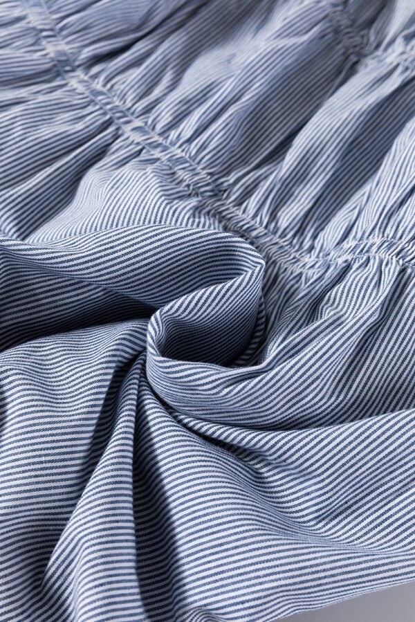 Sky Blue Stripe Bubble Sleeve Square Neck Ruched Pocketed Babydoll Dress
