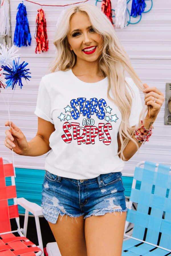 White Stars and Stripes Round Neck Graphic T Shirt