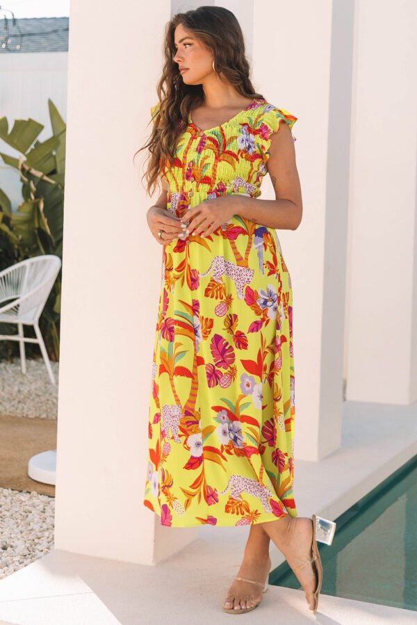 Yellow Cheetah Plant Print Shirred Button V Neck Maxi Dress