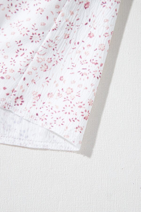 Pink Waffle Floral Patchwork Exposed Seam Detail Short Sleeve Top