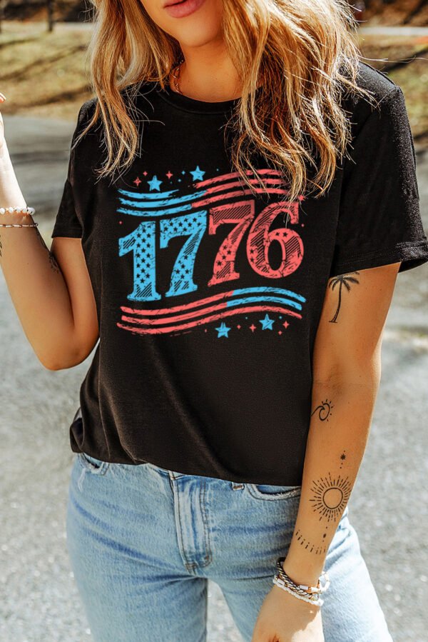 Black 1776 American Flag Theme Print Crew Neck T Shirt