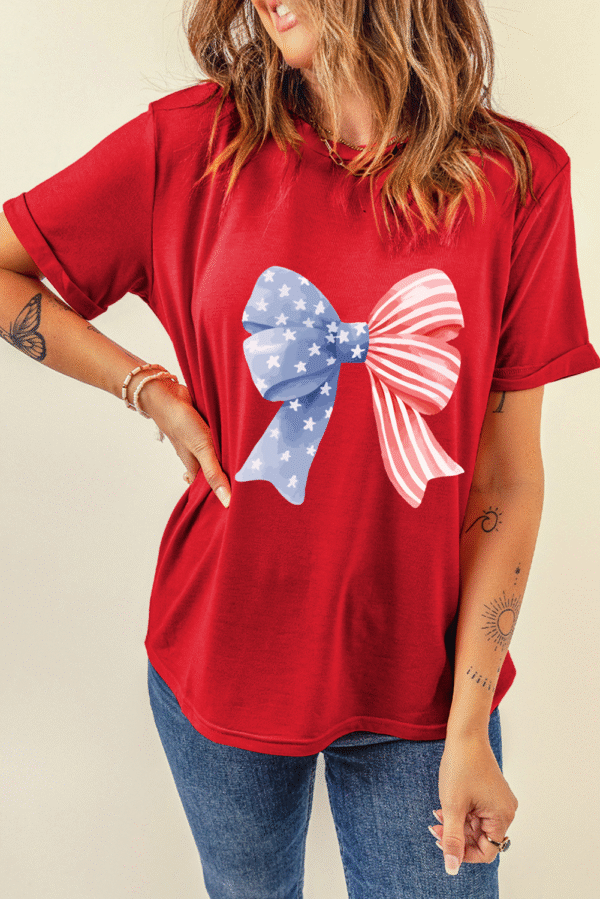 Red Stars and Stripes Bow Print Independence Day T Shirt