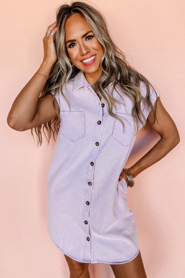 Orchid Petal Short Sleeve Double Chest Pocket Denim Shirt Dress