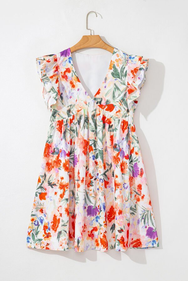Pink Floral Double Ruffle Sleeve V Neck High Waist Mini Dress
