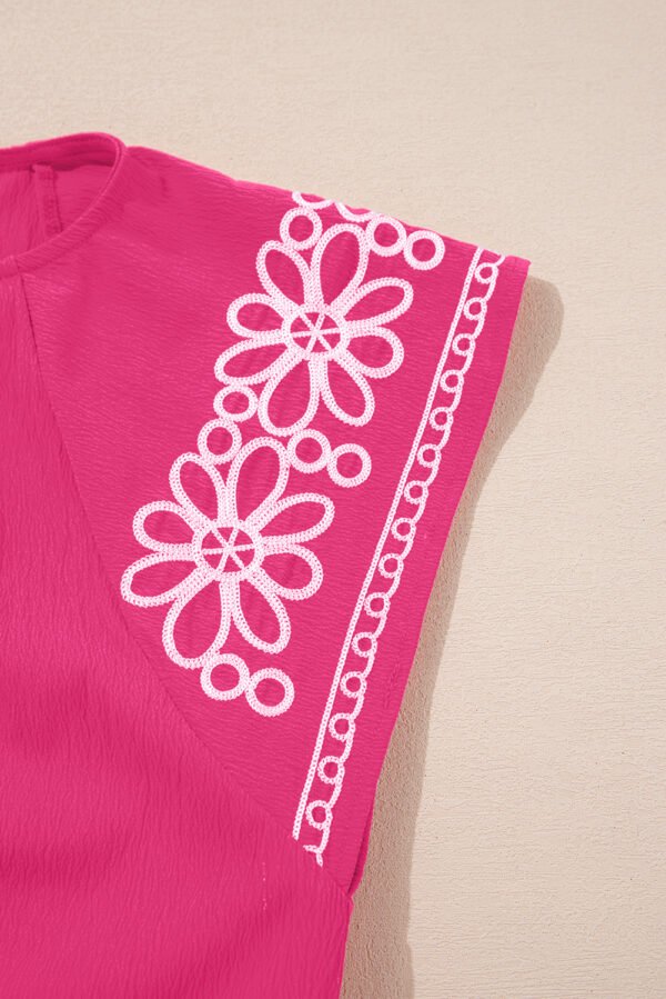 Sachet Pink Floral Embroidered Flutter Sleeve Pleated Neck Blouse
