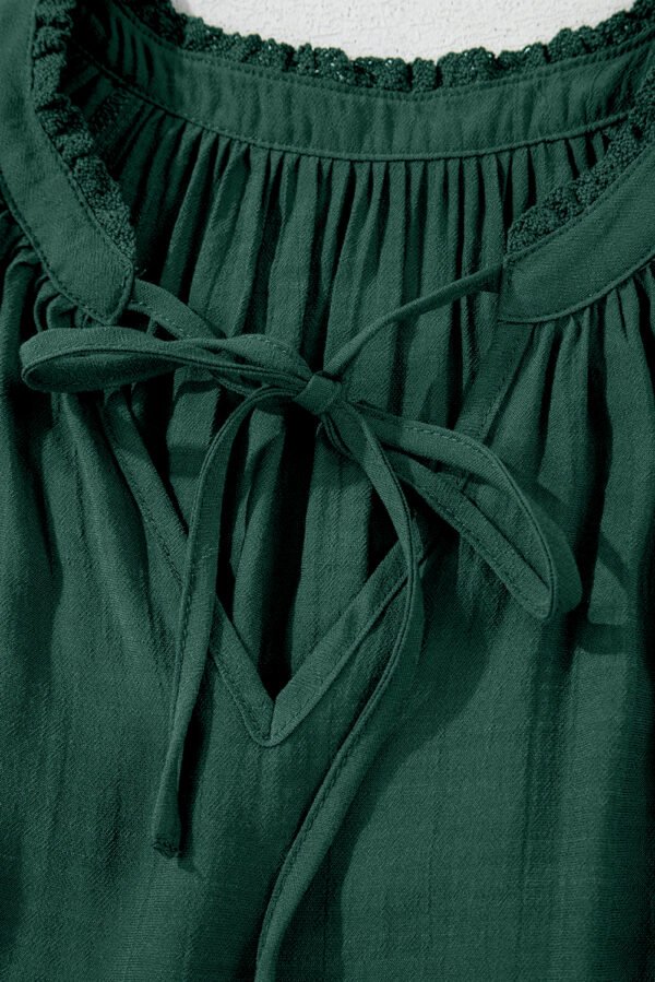 Green Bay Eyelet Embroidered Sleeve Tie V Neck Blouse