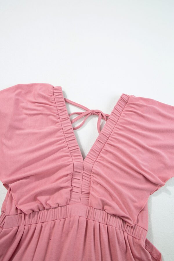 Rose Pink Textured V Neck Flutter Sleeve Ruffled Maxi Dress
