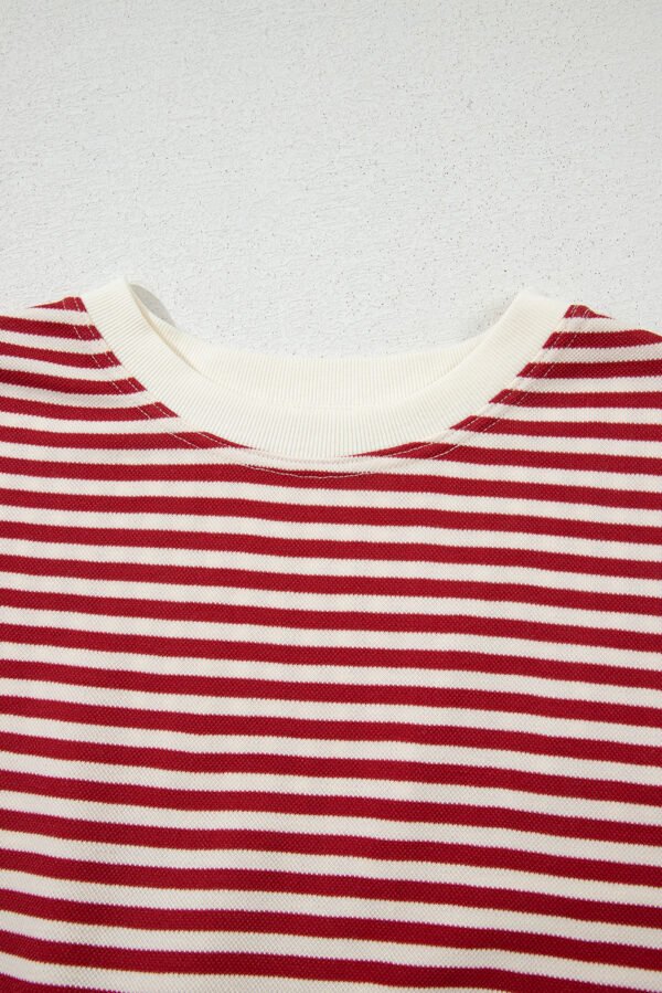 Red Stripe Bowknot Cutout Back Drop Shoulder Wide Bracelet Sleeve Loose Tee
