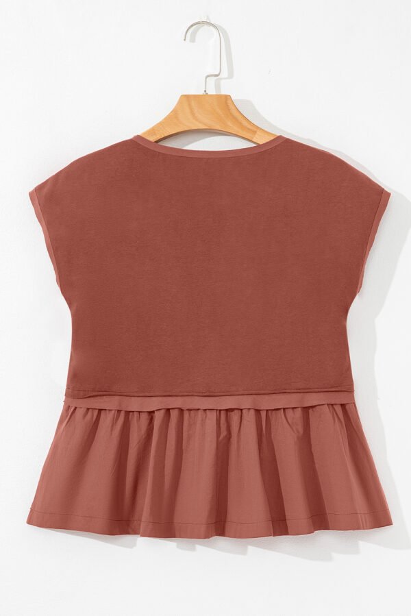Chestnut Short Sleeve U Neck Buttons Splicing Ruffle Blouse