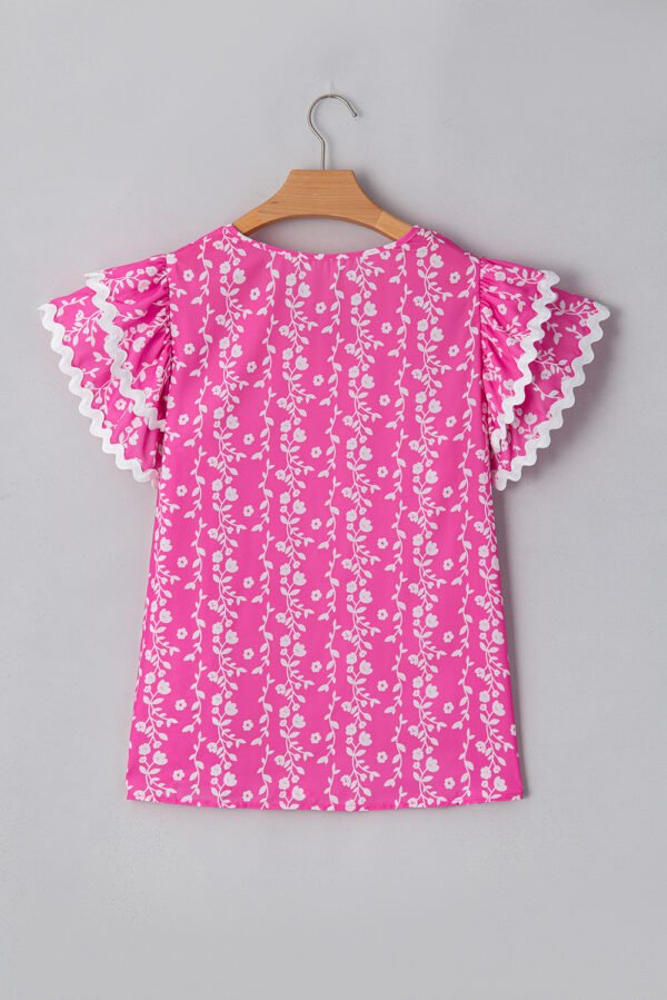 Pink Floral Print Ric-rac Tiered Ruffled V Neck Blouse