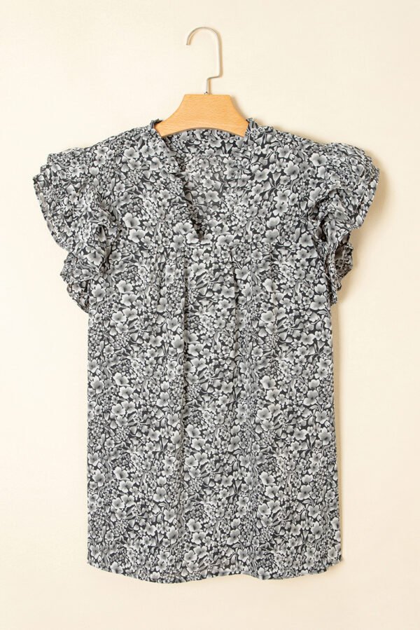 Black Rose Floral Print Ruffle Sleeve Plus Size Shift Top