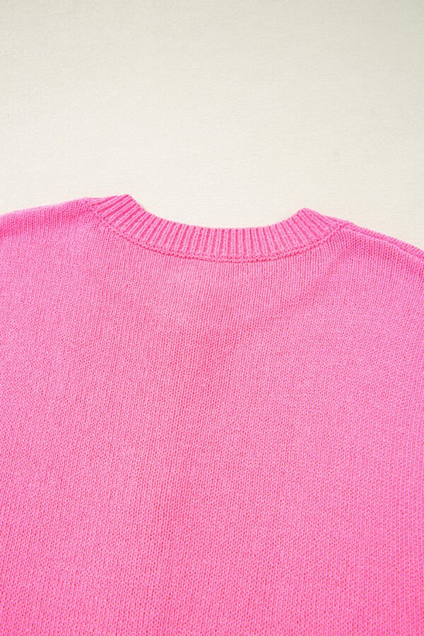 Bright Pink Distressed Hem Short Sleeve Knitted Button Front Sweater