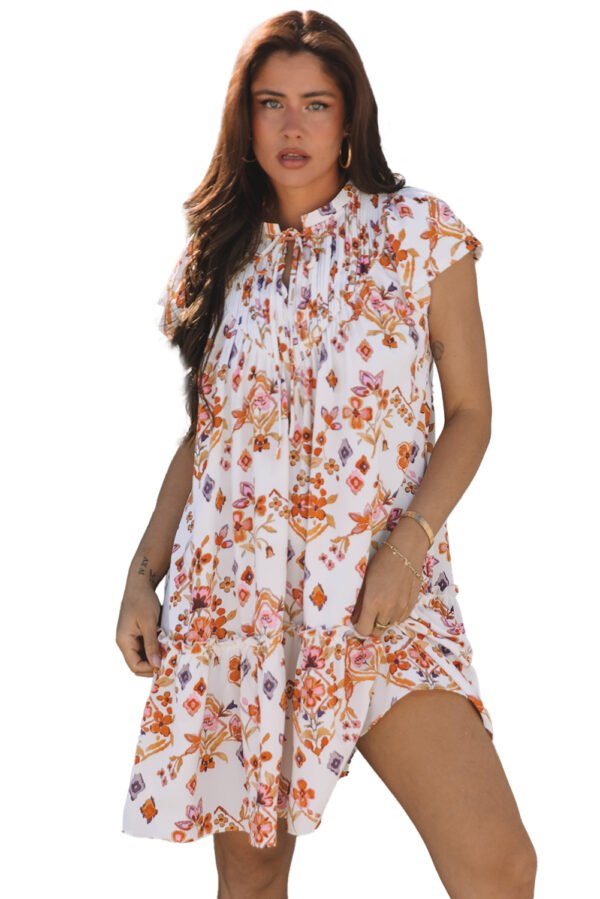 Apricot Floral Geometric Print Ruffled Trim Flutter Sleeve Mini Dress