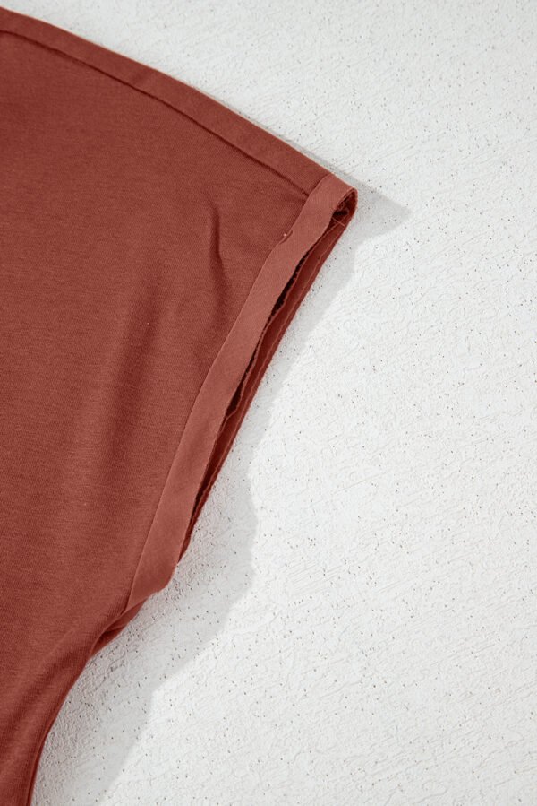 Chestnut Short Sleeve U Neck Buttons Splicing Ruffle Blouse