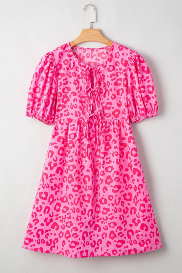 Rose Leopard Puff Sleeve Tie Front High Waist Mini Dress