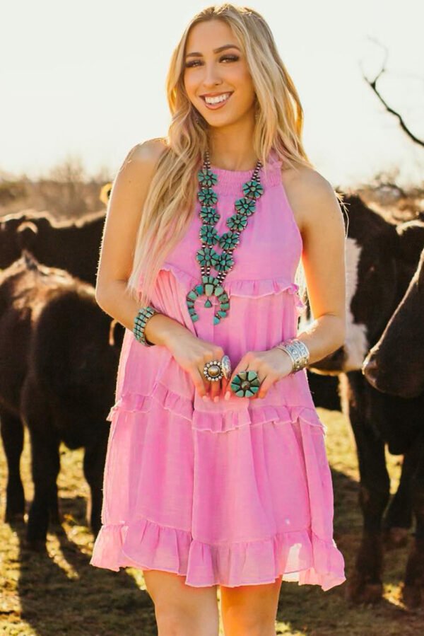 Pink Smocked Neck Knot Back Frilly Tiered Sleeveless Mini Dress