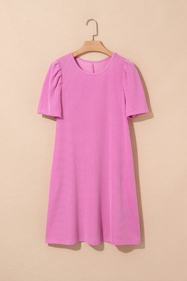 Bright Pink Corded Knit Crew Neck Puff Sleeve Shift Mini Dress