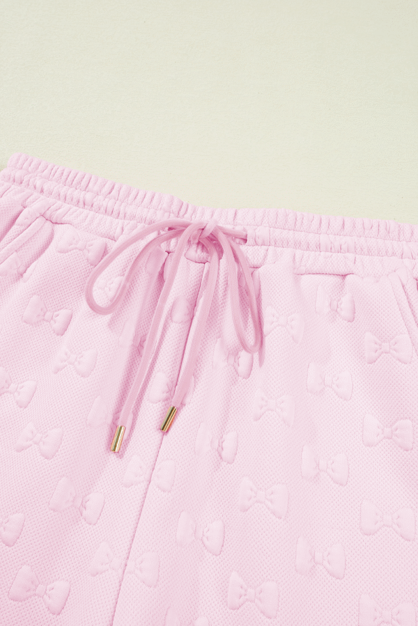 Pink Bow Jacquard Ruffle Sleeve Short 2pcs Outfit