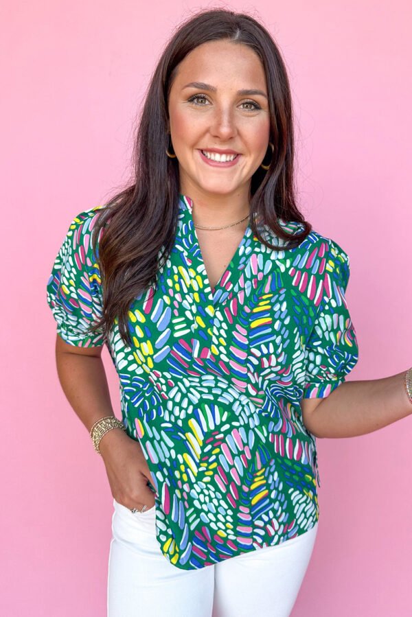Green Brushwork Geometric Print Puff Sleeve Notched Neck Blouse