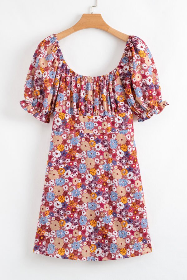 Red Floral Puff Sleeve Square Neck Knot Open Back Mini Dress