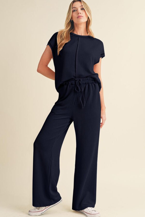 Navy Blue Solid Color Corded Short Sleeve Top and Casual Pants Set