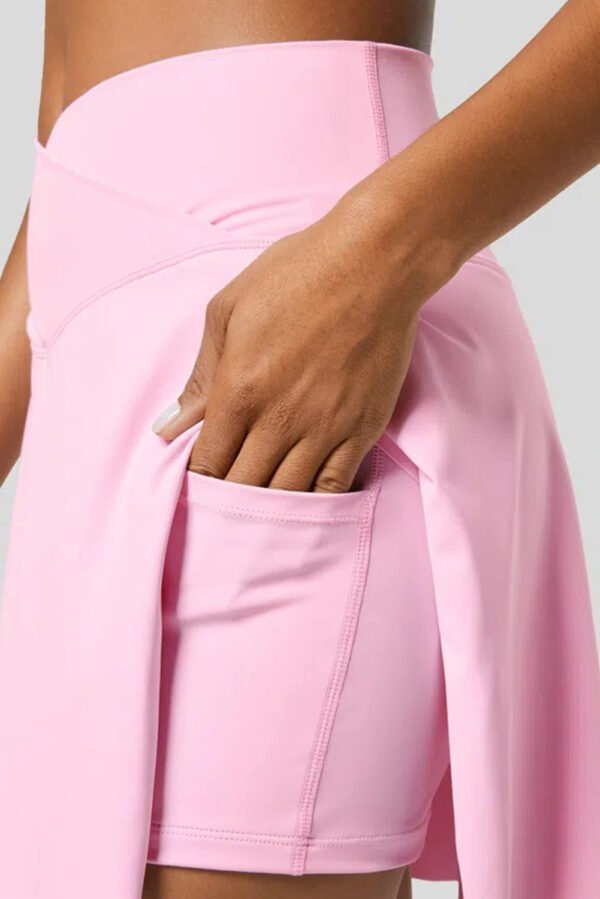 Pink Solid Pocketed Crossover High Waist Swim Skort