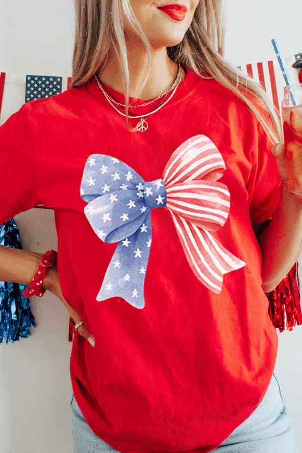 Red Stars and Stripes Bow Print Independence Day T Shirt