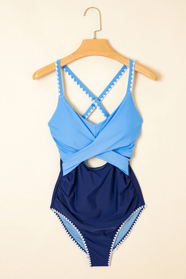 Beau Blue Ric Rac Trim Contrasted Patchwork Cutout One Piece Swimsuit