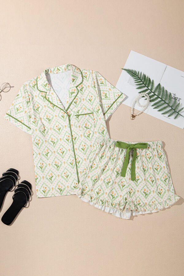 Green Floral Print Turn-down Collar Short Pajamas Set