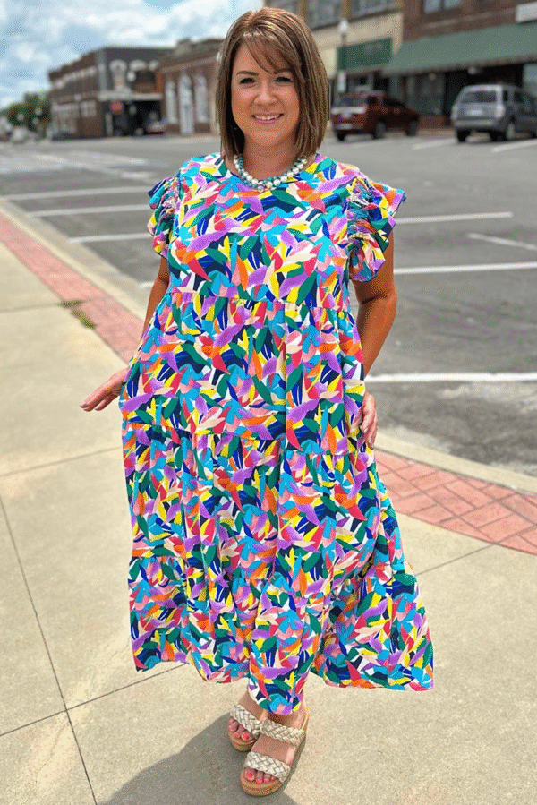 Blue Geometric Print Ruffled Short Sleeve Plus Size Tiered Maxi Dress