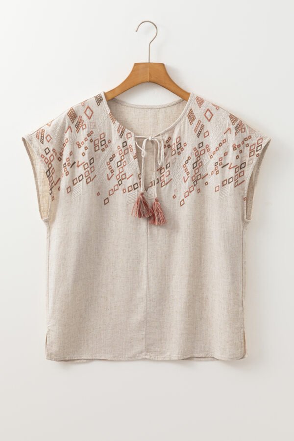 Jet Stream Geometric Embroidered Short Sleeve Tassel Tied V Neck Blouse