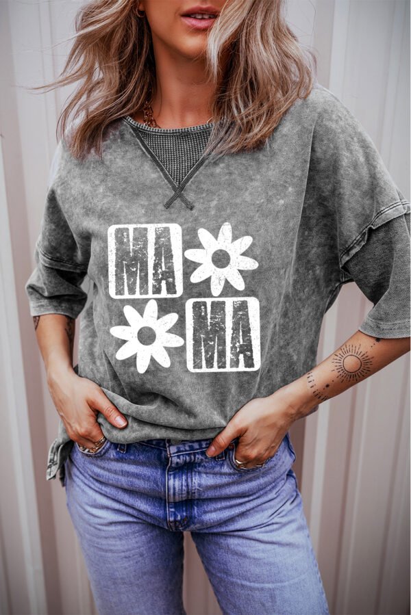 Philippine Gray MAMA Daisy Flower Graphic Mineral Wash Drop Shoulder Vintage Tee