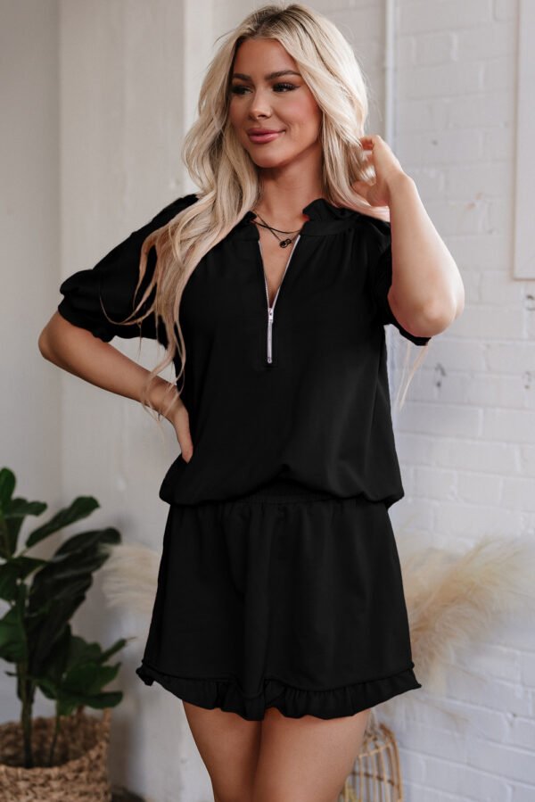 Black Half Zip Puff Sleeve Top and Ruffled Shorts Set