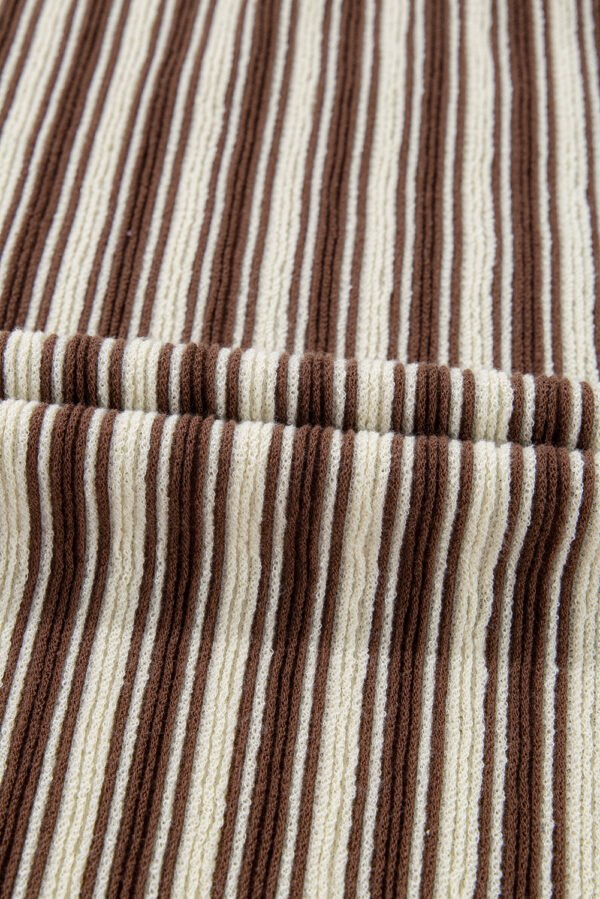 Brown Stripe Textured Side Slits Crew Neck T Shirt