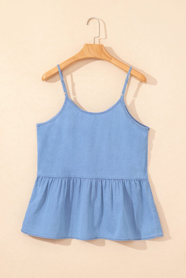 Sky Blue Casual Ruffled Spaghetti Straps Denim Tank Top