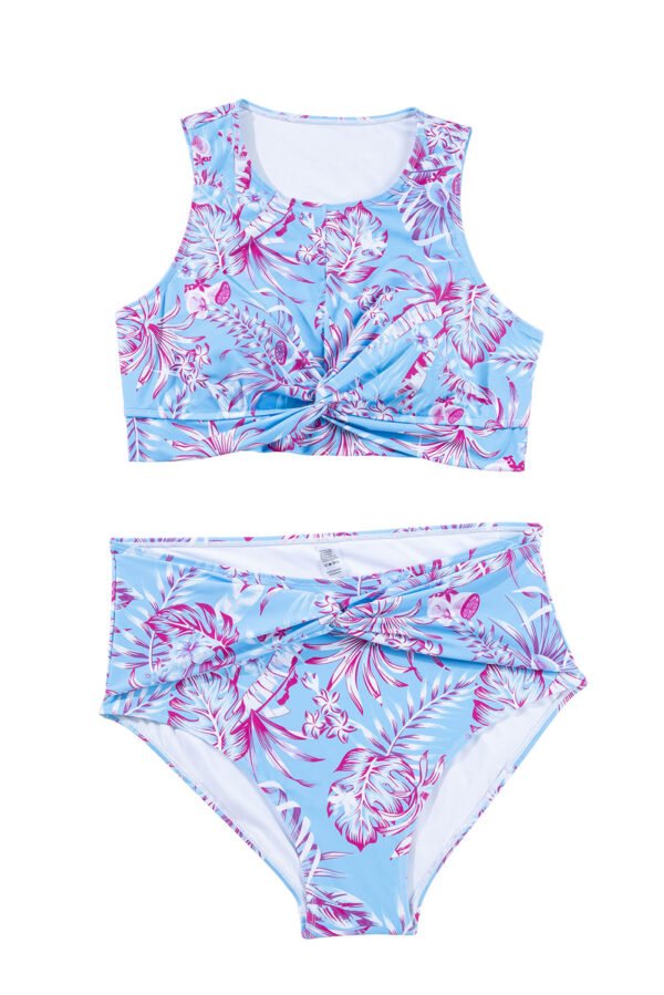 Sky Blue Plus Size Floral Print Twisted High Waist Bikini Set
