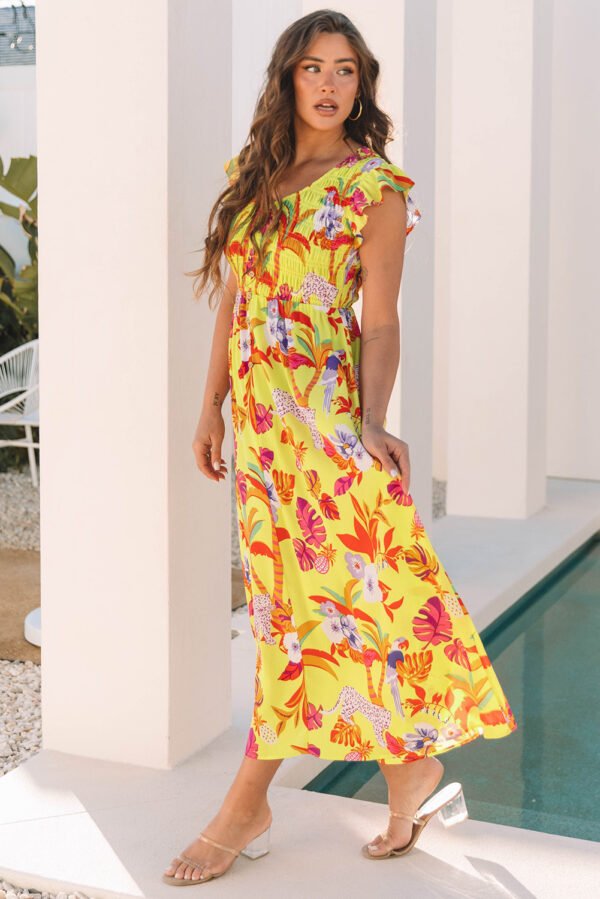 Yellow Cheetah Plant Print Shirred Button V Neck Maxi Dress