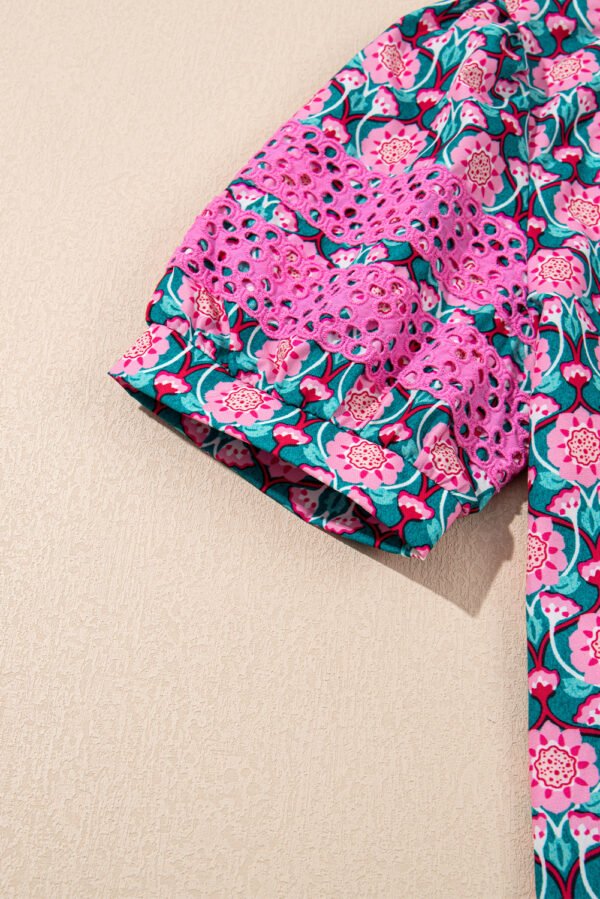 Sachet Pink V-Neck Ruffle Abstract Floral Print Puff Sleeve Top