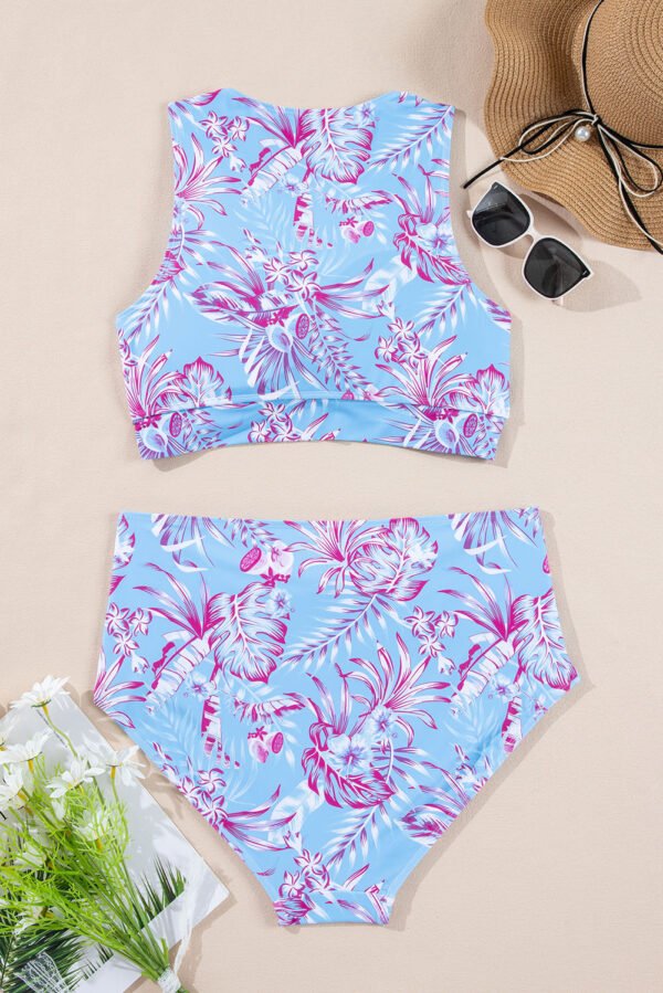 Sky Blue Plus Size Floral Print Twisted High Waist Bikini Set