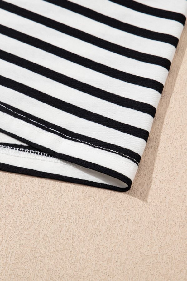 Black Stripe Contrast V Neck Collared Puff Sleeve T Shirt Mini Dress with Pockets