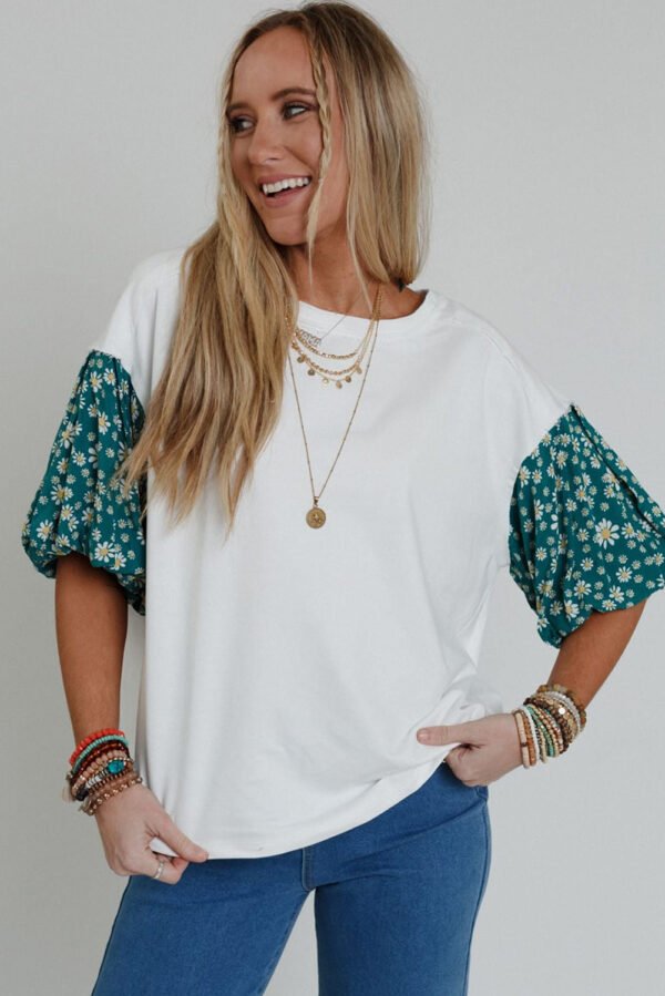 White Contrast Floral Puff Sleeve Oversized Top