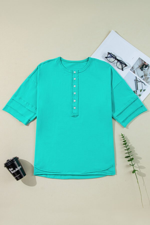 Mint Green Solid Color Half Sleeve Buttons Henley Top