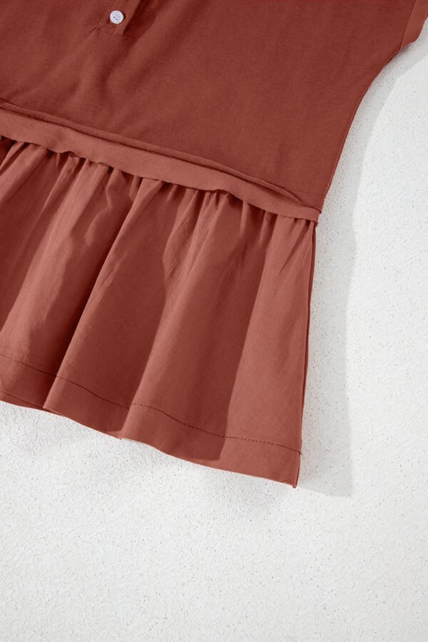 Chestnut Short Sleeve U Neck Buttons Splicing Ruffle Blouse